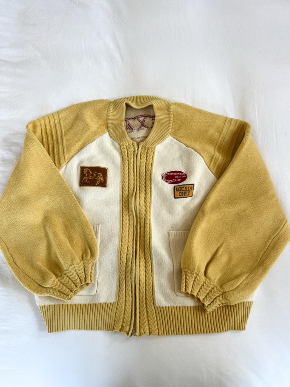 bohme Yellow and Cream Zip-Front Patch Sweater - Picture 6 of 13